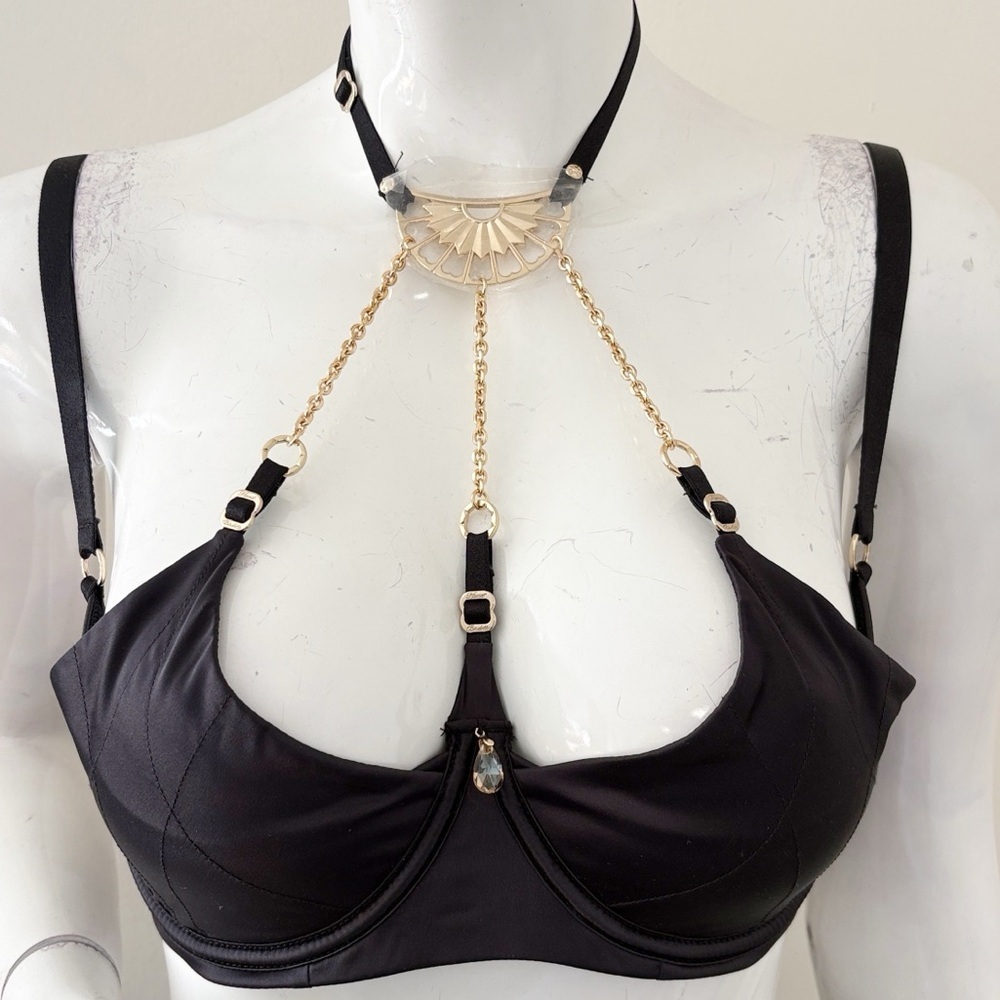 Honey Birdette Adele Black Balconette Bra w Gold Accents & Chain Details